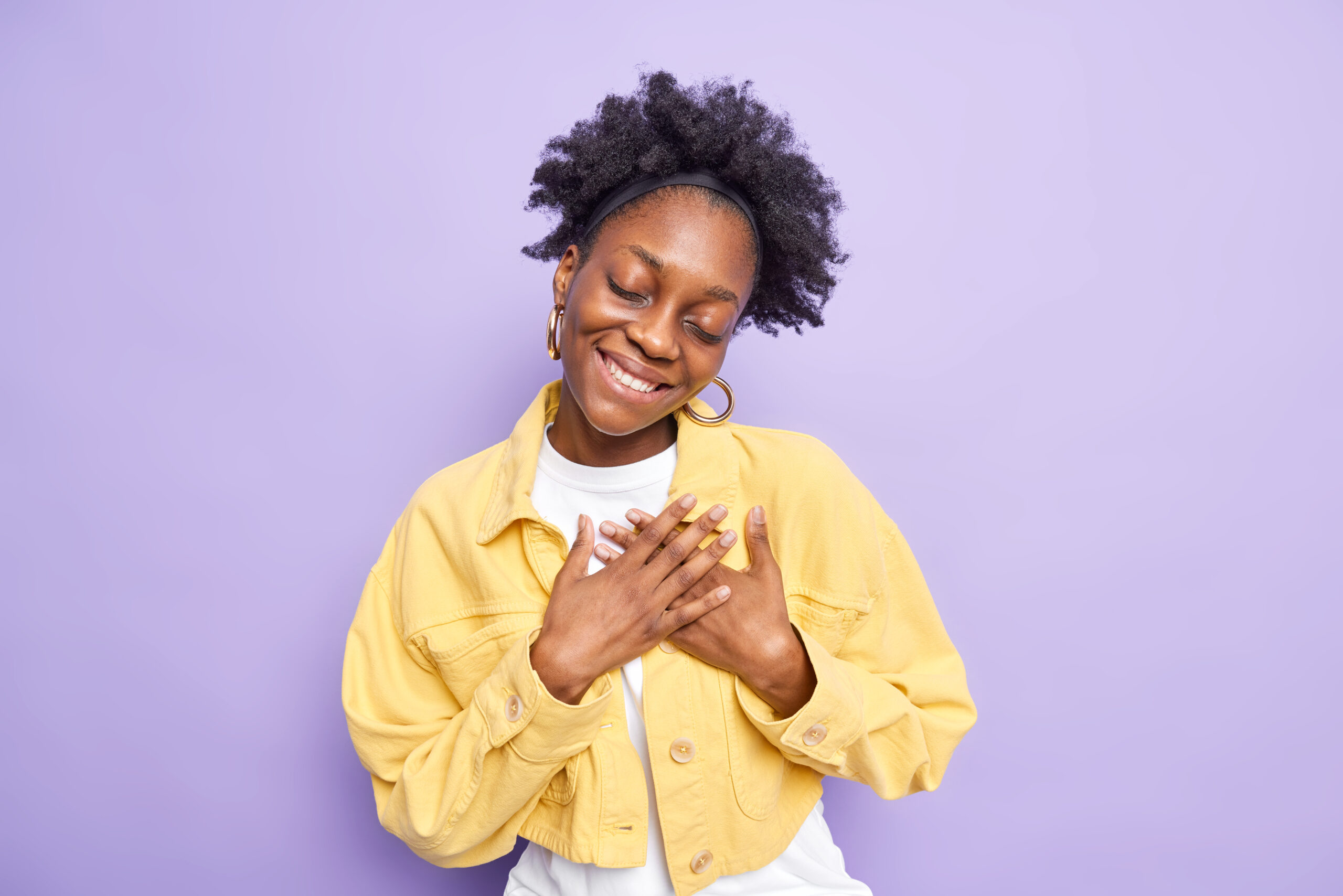 A Woman Feeling Grateful For Loving Herself