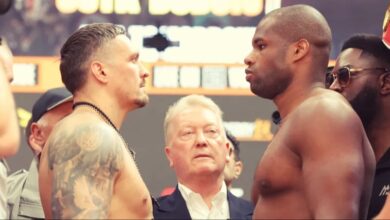 Oleksandr Usyk and Daniel Dubois face off at Wembley Stadium for the undisputed heavyweight title rematch, July 19, 2025.
