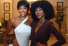 Nigerian stars Beauty Tukura and Genevieve Nnaji twinning with similar hairstyles and makeup at Rita Dominic’s birthday event.