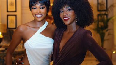Nigerian stars Beauty Tukura and Genevieve Nnaji twinning with similar hairstyles and makeup at Rita Dominic’s birthday event.