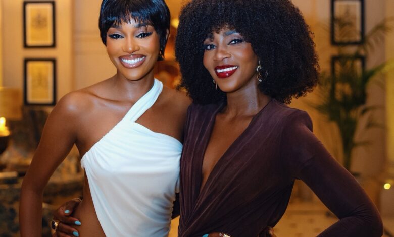 Nigerian stars Beauty Tukura and Genevieve Nnaji twinning with similar hairstyles and makeup at Rita Dominic’s birthday event.