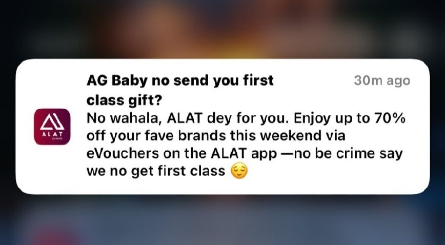 Screenshot of Wema Bank’s ALAT promotional message referencing Adekunle Gold’s giveaway.