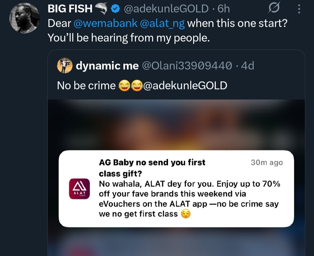 Screenshot of Wema Bank’s ALAT promotional message referencing Adekunle Gold’s giveaway.