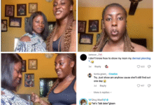 Nigerian lady reveals naval piercing to her mum in a viral video, capturing her calm reaction, July 21, 2025.