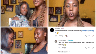 Nigerian lady reveals naval piercing to her mum in a viral video, capturing her calm reaction, July 21, 2025.