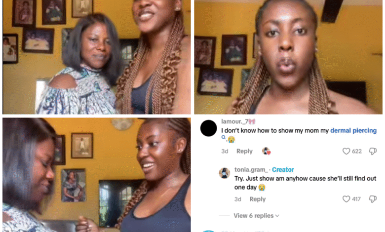 Nigerian lady reveals naval piercing to her mum in a viral video, capturing her calm reaction, July 21, 2025.