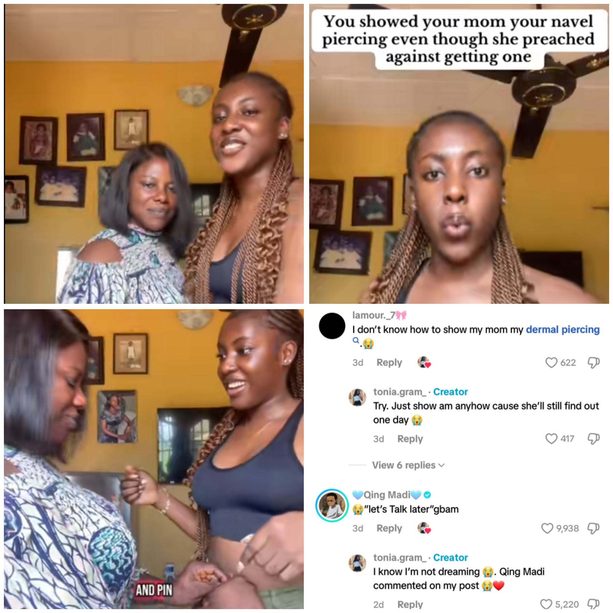 Nigerian lady reveals naval piercing to her mum in a viral video, capturing her calm reaction, July 21, 2025.