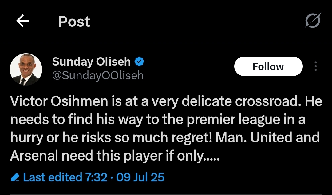 Sunday Oliseh Adviced Victor Osimhen to move to EPL