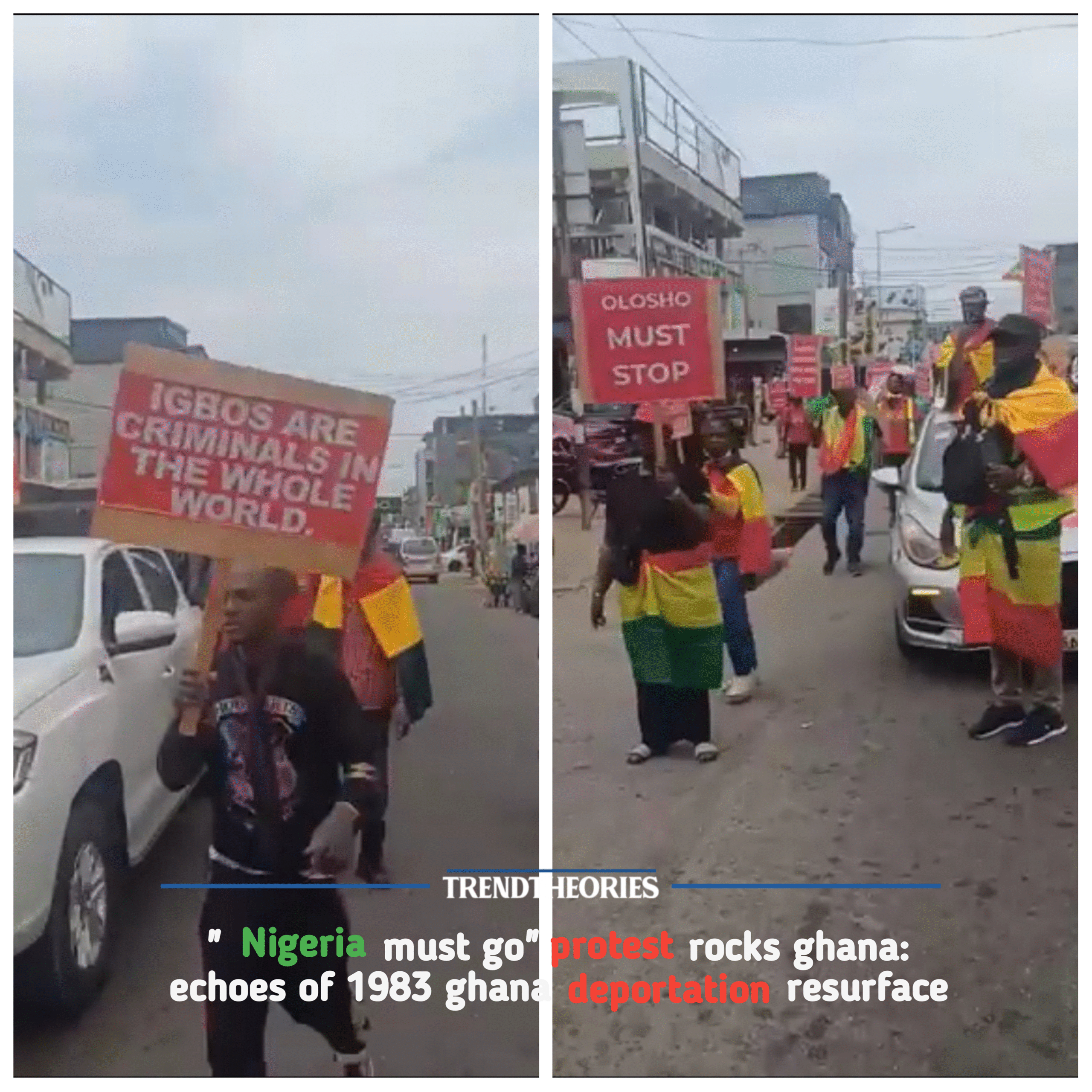 Ghanaian protesters hold placards calling for Nigerians to leave, sparking historic tension.