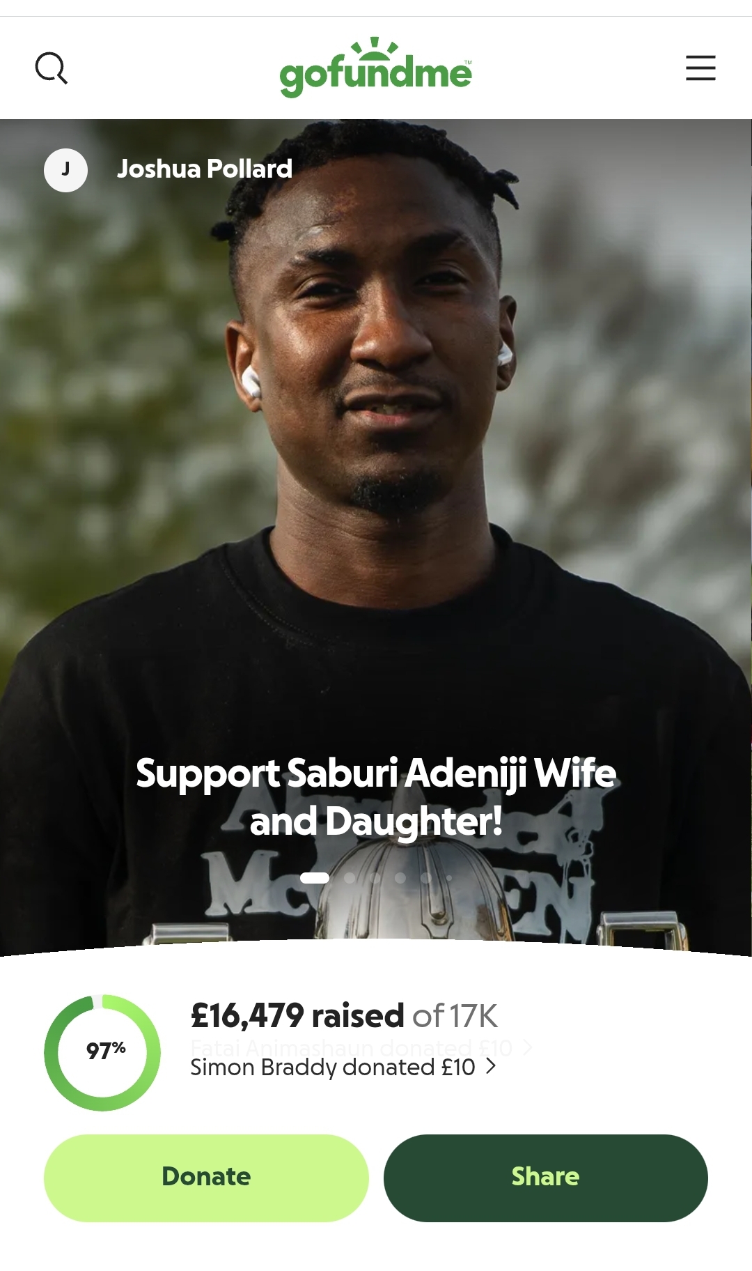 A proof of the ongoing donation found on Gofundme